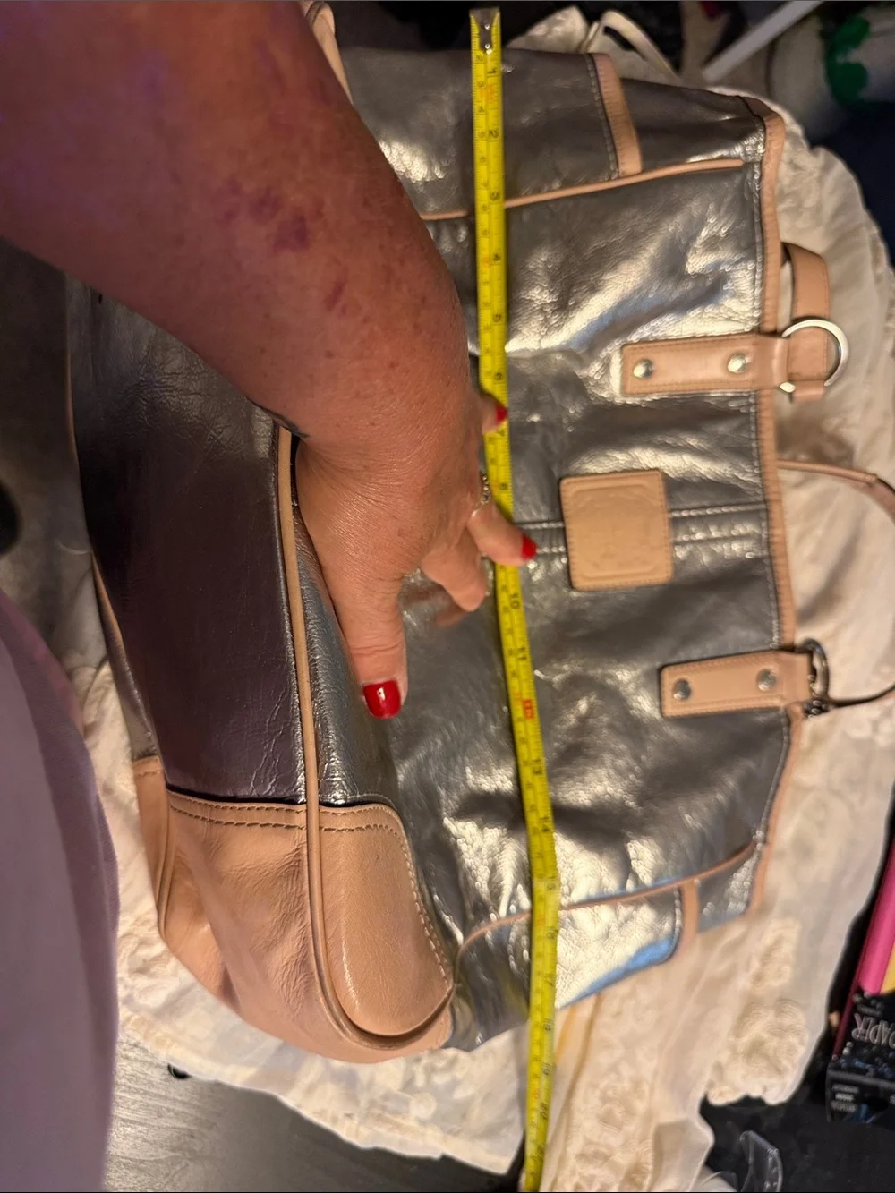 Coach Metallic Gray and Tan Leather-Trim Tote